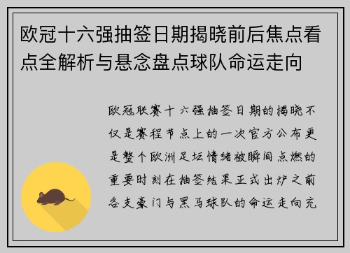 欧冠十六强抽签日期揭晓前后焦点看点全解析与悬念盘点球队命运走向